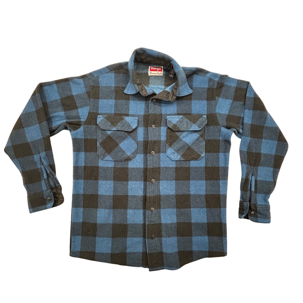 Wrangler Shirt Mens Small Premium Quality Blue Black Plaid Flannel Fleece Warm